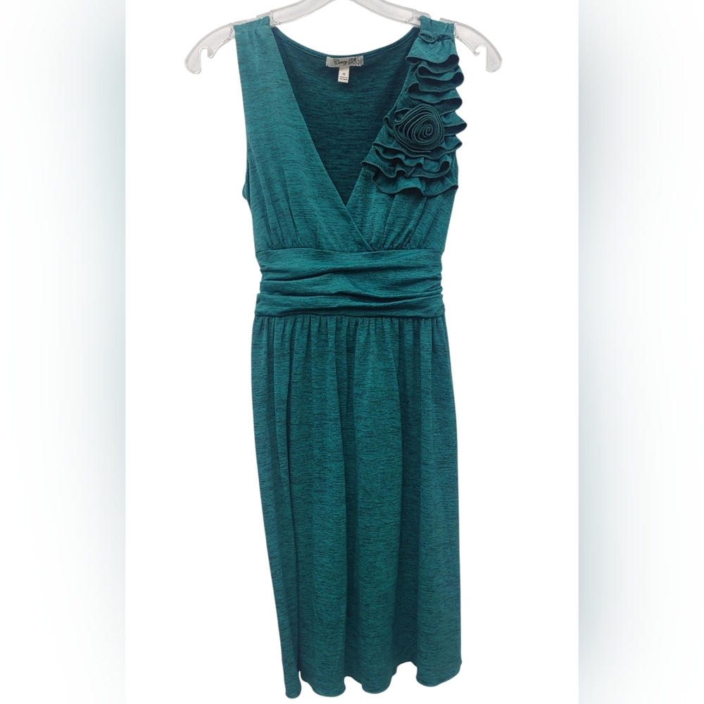 Cory P Elegant Teal Sleeveless Dress with Floral Detail Small